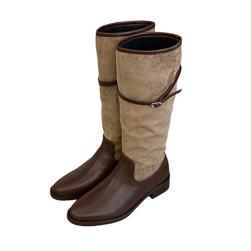1784968926746_Ul20Xy.jpg HMSZ Retro Style Belt Buckle Suede Patchwork Western Riding Boots for Women Low Heel Tall Boots
